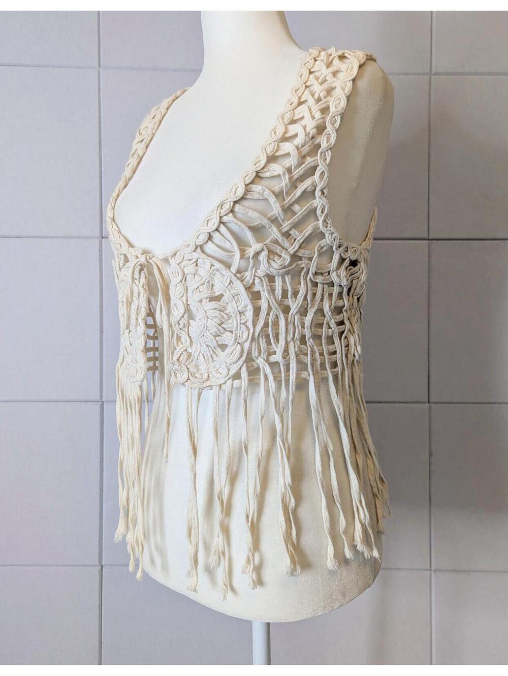 Vintage y2k cotton macrame fringe vest top - Picture 2 of 8